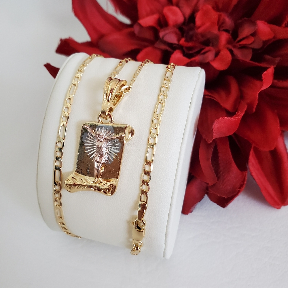 Jesus Tri Color Script Gold Plated Necklace - Picture 4 of 4